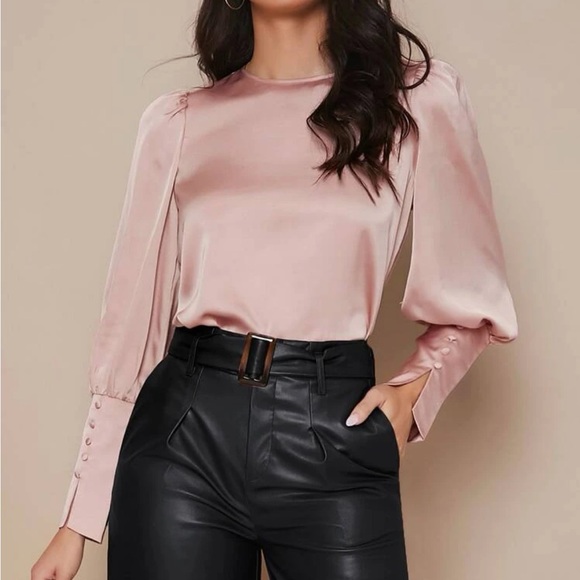 Luxe button cuff lantern sleeve satin blouse - Picture 10 of 13